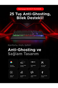 Kb-rx77 Runner Siyah Usb Rainbow Aydınlatmalı Q Bilek Destekli Gaming Klavye ürün fotoğrafı