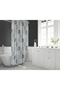 Polyester Kumaş Geometrik Desen Gri Banyo Perdesi Yerli Üretim Duş Perdesi Plastik C-halka Hediye ürün fotoğrafı