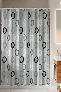 Polyester Kumaş Geometrik Desen Gri Banyo Perdesi Yerli Üretim Duş Perdesi Plastik C-halka Hediye ürün fotoğrafı