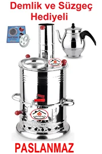 Tek Musluklu Odunlu Kömürlü Çay Semaveri Odunlu Kömürlü Semaver - 5 Litre - Demlik 1 Litre ürün fotoğrafı