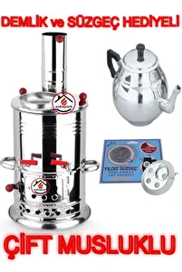 Çift Musluklu Odunlu Kömürlü Paslanmaz Semaver Kendinden Demlikli Semaver Semaver 5 Lt Demlik 1 Lt ürün fotoğrafı