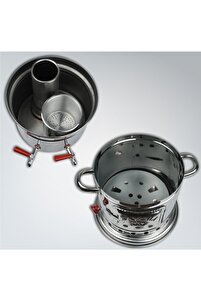Çift Musluklu Odunlu Kömürlü Paslanmaz Semaver Kendinden Demlikli Semaver Semaver 5 Lt Demlik 1 Lt ürün fotoğrafı