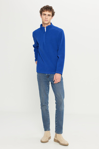 Erkek Saks Mavi Anti-pilling Tüylenme Yapmayan Isı Koruyan Standart Fit Dik Yaka Polar Sweatshirt ürün fotoğrafı