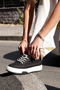 Kadın Sneaker Yüksek Taban Bağcıklı Bez Spor Ayakkabı Kotnel siyah ürün fotoğrafı
