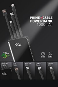 10.000 Mah Prime Dijital Göstergeli Dahili Çoklu Kablolu Powerbank,siyah,taşınabilir Şarj Cihazı ürün fotoğrafı