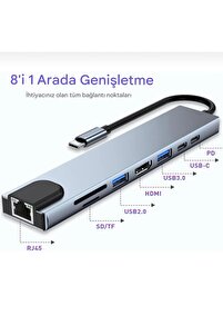 Macbook Pro Air Usb Type-c Hub Dönüştürücü Çevirici Çoklayıcı Usb Hdmı Micro Sd 8 Girişli ürün fotoğrafı