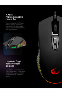 SMX-G68 SPEAR V2 FULL RGB 12800 DPI Siyah 7D Makrolu Gaming Oyuncu Mouse ürün fotoğrafı