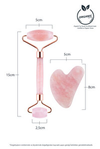 Pembe Kuvars Roller Ve Pembe Kalp Gua Sha Yüz Masaj Aleti Seti Keseli Değerli Doğal Taş Sertifikalı ürün fotoğrafı