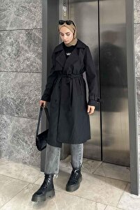 Klasik Kuşaklı Trençkot Siyah ürün fotoğrafı