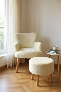 Berjer Puf Set -ikili Balkon Koltugu-tekli Koltuk Puflu-berjer-koltuk - Puffy Kumaş -- Doğal Ahşap ürün fotoğrafı