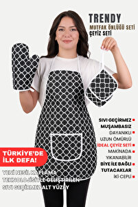 Trendy 3lü Set Su Geçirmez Mutfak Önlüğü Çeyiz Seti Isıya Dayanıklı Fırın Eldiveni Ve Tutacak Takımı ürün fotoğrafı