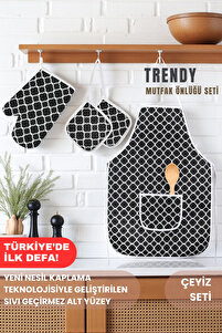 Trendy 3lü Set Su Geçirmez Mutfak Önlüğü Çeyiz Seti Isıya Dayanıklı Fırın Eldiveni Ve Tutacak Takımı ürün fotoğrafı