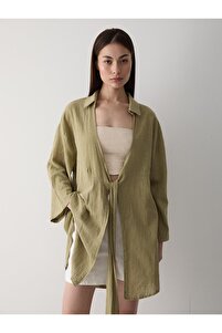 Haki Flam Keten Kimono Gömlek ürün fotoğrafı