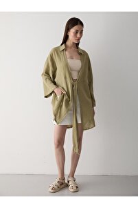 Haki Flam Keten Kimono Gömlek ürün fotoğrafı