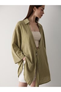 Haki Flam Keten Kimono Gömlek ürün fotoğrafı