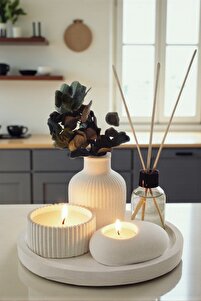 Dekoratif Tepside 5 Li Hediyelik Set Vazo,kokulu Mum,Tealight Mumluk,Oda Kokusu ürün fotoğrafı