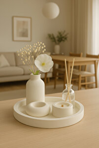 Dekoratif 5li Set Mum Çizgili Vazo Tealight mumluk ve Oda Kokusu Seti ürün fotoğrafı