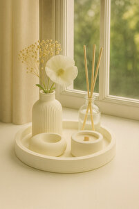 Dekoratif 5li Set Mum Çizgili Vazo Tealight mumluk ve Oda Kokusu Seti ürün fotoğrafı