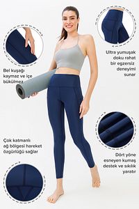 Kadın Lacivert Yüksek Bel Çift Cepli Toparlayıcı Spor Tayt ürün fotoğrafı