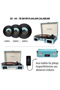 T310ch Pikap Plak Çalar- Turkuaz Mavi - Şarj Edilebilir - 33, 45, 78 Devir - Universal Iğneli ürün fotoğrafı