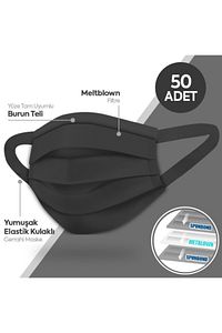 Yumuşak Siyah Elastik Kulaklı 3 Katlı Telli Cerrahi Maske 50 Li ürün fotoğrafı
