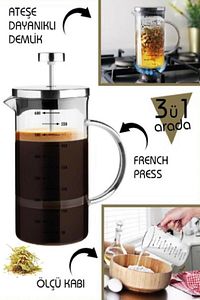 French Press Bitki Çayı Demliği Filtre Kahve Ataşe Dayanıklı Demlik Borosilikat Cam Ölçü Kabı 600ml ürün fotoğrafı