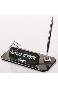Midilli Isimlik Gümüş Yeni Iş Ofis Hediyesi Kristal Masa Isimliği Kalemli Kartvizitlikli Cam Isimlik ürün fotoğrafı