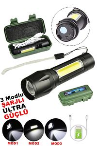Tak-03 Ultra Güçlü 2500 Lumens + 5w Cob Led Usb Şarjlı El Feneri Kutulu Kamp Feneri Avcılık Feneri ürün fotoğrafı