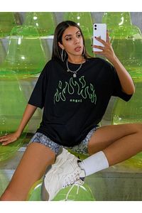 Kadın Yeşil Angel Baskılı Oversize T-shirt ürün fotoğrafı