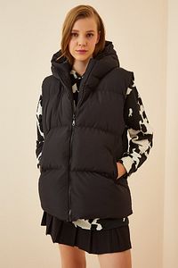 Kadın Siyah Kapüşonlu Oversize Şişme Yelek MK00176 ürün fotoğrafı