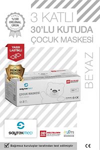 Premium Beyaz Çocuk Maskesi, 3 Katlı Meltblown Filtreli, Yassı Kulak Ipli (1KUTU/30 ADET) ürün fotoğrafı