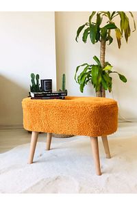 Gürgen Ahşap Ayak Turuncu Pofidik Tedy Handmade Oval Puf Bench Sandalye ürün fotoğrafı