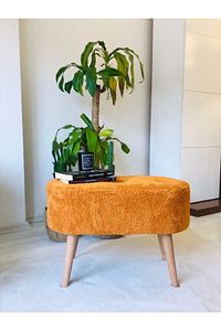 Gürgen Ahşap Ayak Turuncu Pofidik Tedy Handmade Oval Puf Bench Sandalye ürün fotoğrafı