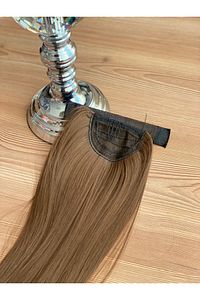 Fiber ısıya dayanıklı kumral kahverengi at kuyruğu postiş kaynak takma saç ürün fotoğrafı