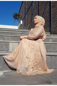 Simli Belden Kuşaklı Somon Tesettür Abiye Elbise Simli Abiye ürün fotoğrafı