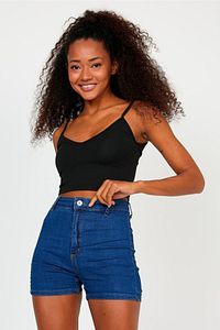 Kadın Siyah Scuba Kumaş Ön Arka V Yaka Ip Askılı Crop Top ürün fotoğrafı