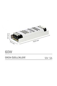 Ultra Slim Sessiz Şerit Led Trafosu Metal Kasa 12v 5 Amper Led Trafo Adaptör ürün fotoğrafı