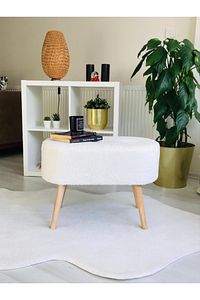 Gürgen Ahşap Ayak Kırık Beyaz Pofidik Tedy Handmade Oval Puf Bench Sandalye ürün fotoğrafı