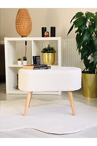 Gürgen Ahşap Ayak Kırık Beyaz Pofidik Tedy Handmade Oval Puf Bench Sandalye ürün fotoğrafı