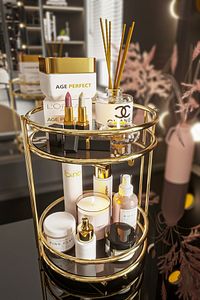 Banyo Kozmetik Takı Düzenleyici Çok Amaçlı Organizer 2 Katlı Servis Sunum Tepsisi Ikramlık Gold ürün fotoğrafı