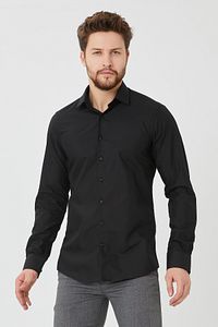 Erkek Siyah Slim Fit Düz Büyük Beden Gömlek ürün fotoğrafı