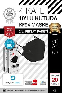 N95/FFP2 Kore Tipi, 4 katlı, SİYAH Maske, Tekli Paket, UV Steril (2 Kutu/ 20 Adet) ürün fotoğrafı