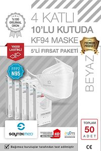 N95/FFP2 Kore Tipi, 4 katlı, BEYAZ Maske, Tekli Paket, UV Steril (5 Kutu/ 50 Adet) ürün fotoğrafı