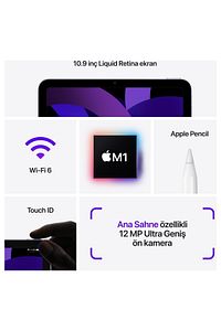 iPad Air 5. Nesil 64 GB 10.9" Wi-Fi Mor Tablet (Apple Türkiye Garantili) ürün fotoğrafı