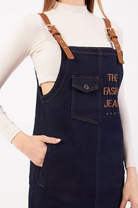 Kadın Denim Koyu Mavi Lacivert Kot Salopet Askılı Tulum Uzun Etek Nakış Detaylı Cepli Elbise ürün fotoğrafı