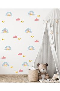 Duvar Sticker Çocuk Odası - Pembe Gökkuşağı Bulut Ve Yıldızlar Dekoratif Duvar Süsü ürün fotoğrafı