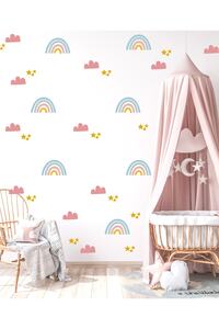 Duvar Sticker Çocuk Odası - Pembe Gökkuşağı Bulut Ve Yıldızlar Dekoratif Duvar Süsü ürün fotoğrafı