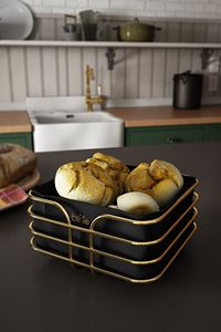 Ekmeklik Ekmek Sepeti Çok Amaçlı Metal Kutu Lüx Gold Paslanmaz Sepet Siyah Kumaş ürün fotoğrafı