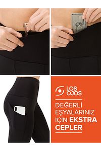 Kadın Siyah Yüksek Bel Çift Cepli Toparlayıcı Spor Tayt ürün fotoğrafı