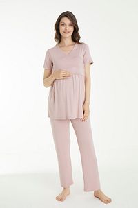 Pudra Çizgi Desenli Lohusa Ve Hamile Pijama Takım ürün fotoğrafı
